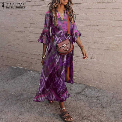 2021 Summer Women's Print Dresse ZANZEA Ruffle Maxi Vestidos Casual 3/4 Sleeve V-neck Sundress Female Holiday Robe Oversize 5XL