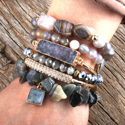 Natural Stone And Crystal Bohemian 6  Pc's Stack Bracelet Set