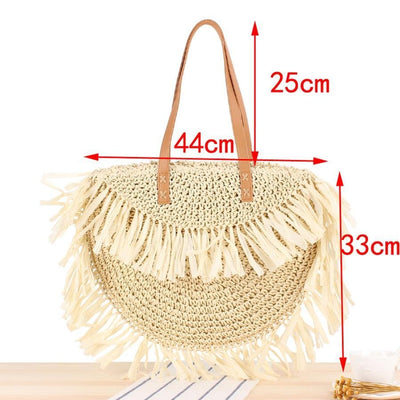 Bohemian Round Tassel Women Straw Bag - Spike Paper Rattan Shoulder Bags - Large Summer Beach Woven Handbag