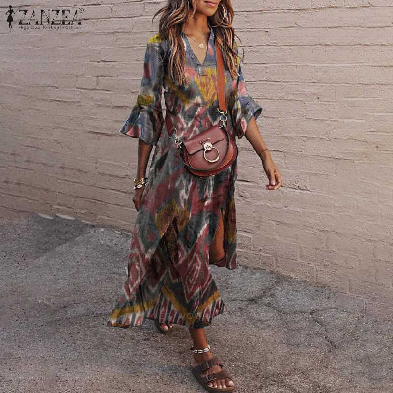 2021 Summer Women's Print Dresse ZANZEA Ruffle Maxi Vestidos Casual 3/4 Sleeve V-neck Sundress Female Holiday Robe Oversize 5XL