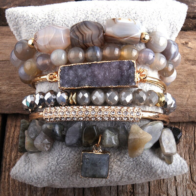 Natural Stone And Crystal Bohemian 6  Pc's Stack Bracelet Set