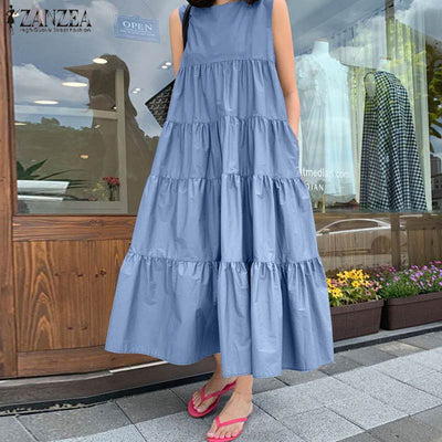 Summer Women Bohemian Sleeveless Ruffles Dress Elegant Sundress ZANZEA Solid Robe Femme Beach Tanks Dresses 5XL Kaftan Vestidos