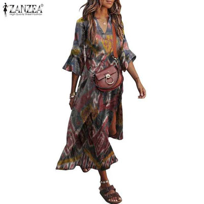 2021 Summer Women's Print Dresse ZANZEA Ruffle Maxi Vestidos Casual 3/4 Sleeve V-neck Sundress Female Holiday Robe Oversize 5XL