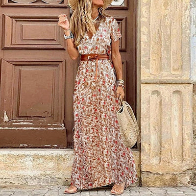 Boho Long Dress for Women Paisley Print Elegant Dresses with Belt V Neck Summer Dress Large Hem Beach Dresses Robe Femme 2021