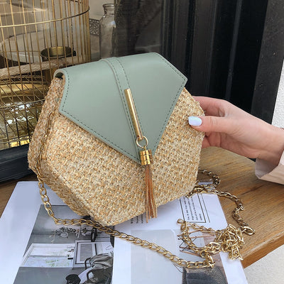 Hex-shape Straw+PU Shoulder Handbags Women Top-handle Summer Beach Boho Bag 2020 Fashion Women Female Beach Bags Boho