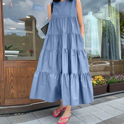 Summer Women Bohemian Sleeveless Ruffles Dress Elegant Sundress ZANZEA Solid Robe Femme Beach Tanks Dresses 5XL Kaftan Vestidos