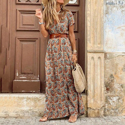 Boho Long Dress for Women Paisley Print Elegant Dresses with Belt V Neck Summer Dress Large Hem Beach Dresses Robe Femme 2021