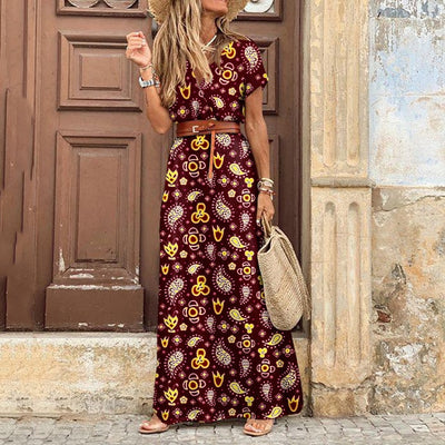 Boho Long Dress for Women Paisley Print Elegant Dresses with Belt V Neck Summer Dress Large Hem Beach Dresses Robe Femme 2021