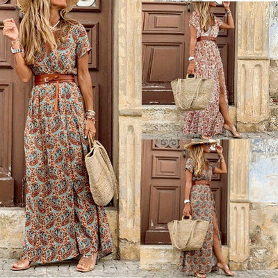 Boho Long Dress for Women Paisley Print Elegant Dresses with Belt V Neck Summer Dress Large Hem Beach Dresses Robe Femme 2021