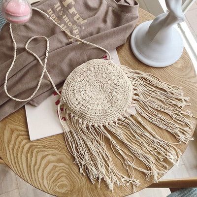 Bohemian Round Tassel Women Straw Bag - Spike Paper Rattan Shoulder Bags - Large Summer Beach Woven Handbag