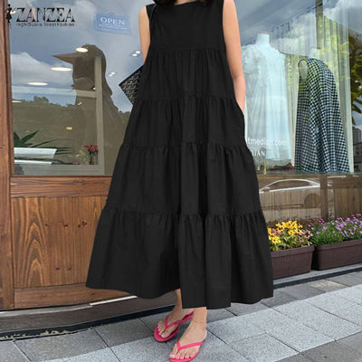 Summer Women Bohemian Sleeveless Ruffles Dress Elegant Sundress ZANZEA Solid Robe Femme Beach Tanks Dresses 5XL Kaftan Vestidos