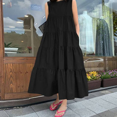 Summer Women Bohemian Sleeveless Ruffles Dress Elegant Sundress ZANZEA Solid Robe Femme Beach Tanks Dresses 5XL Kaftan Vestidos