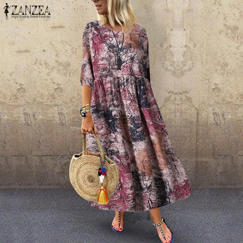 ZANZEA Women Summer Dress Casual Vintage Floral Printed Sundress Beach Party Vestido Kaftan Femme Half Sleeve Cotton Linen Dress