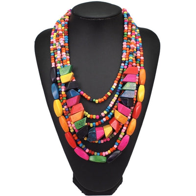 Handmade Bohemian Multilayer Wood Bead Choker Necklace - 8 Colors