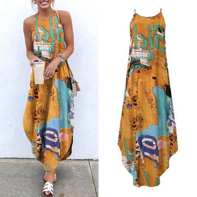 Fashion Floral Dress Women's Autumn Sundress 2021 VONDA Casual Halter Split Dresses Maxi Vestidos Female Asymmetrical Robe Dress