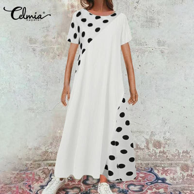 Celmia Women Bohemian Dot Printed Sundress Summer Long Dress Short Sleeve Casual Loose Beach Maxi Vestidos Plus Size Sarafans 7