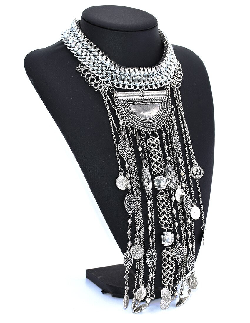 Boho Long Maxi Coin Necklace Women Vintage Ethnic Statement Big Collar Tassel Choker Necklace Femme Silvery Gypsy Jewellery