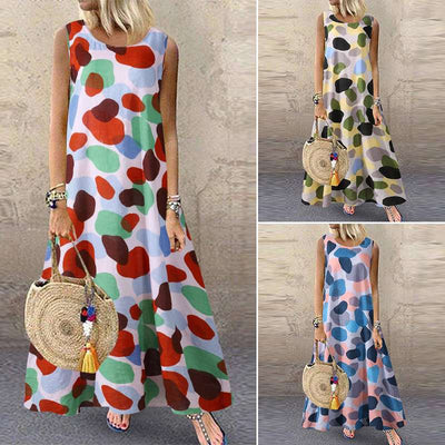 Bohemian O Neck Sleeveless Casual Beach Party Sundress - Summer Long Dress